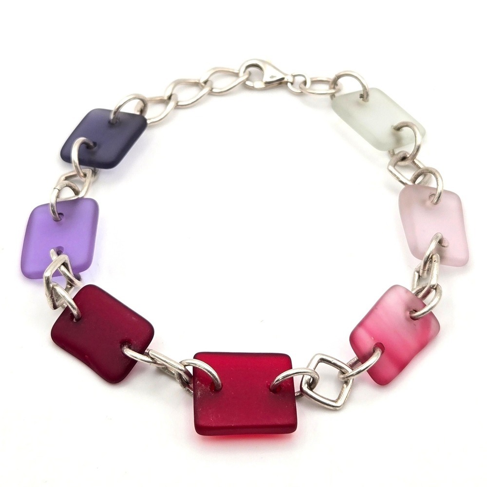 Sterling Silver 925 Frosted Sea‎ Glass Multi Color Rectangle Link Bracelet